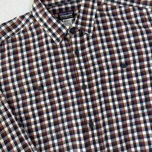 Patagonia Pima‎ Cotton Shirt Men's M Brown Navy Plaid Lightweight Flannel #53837